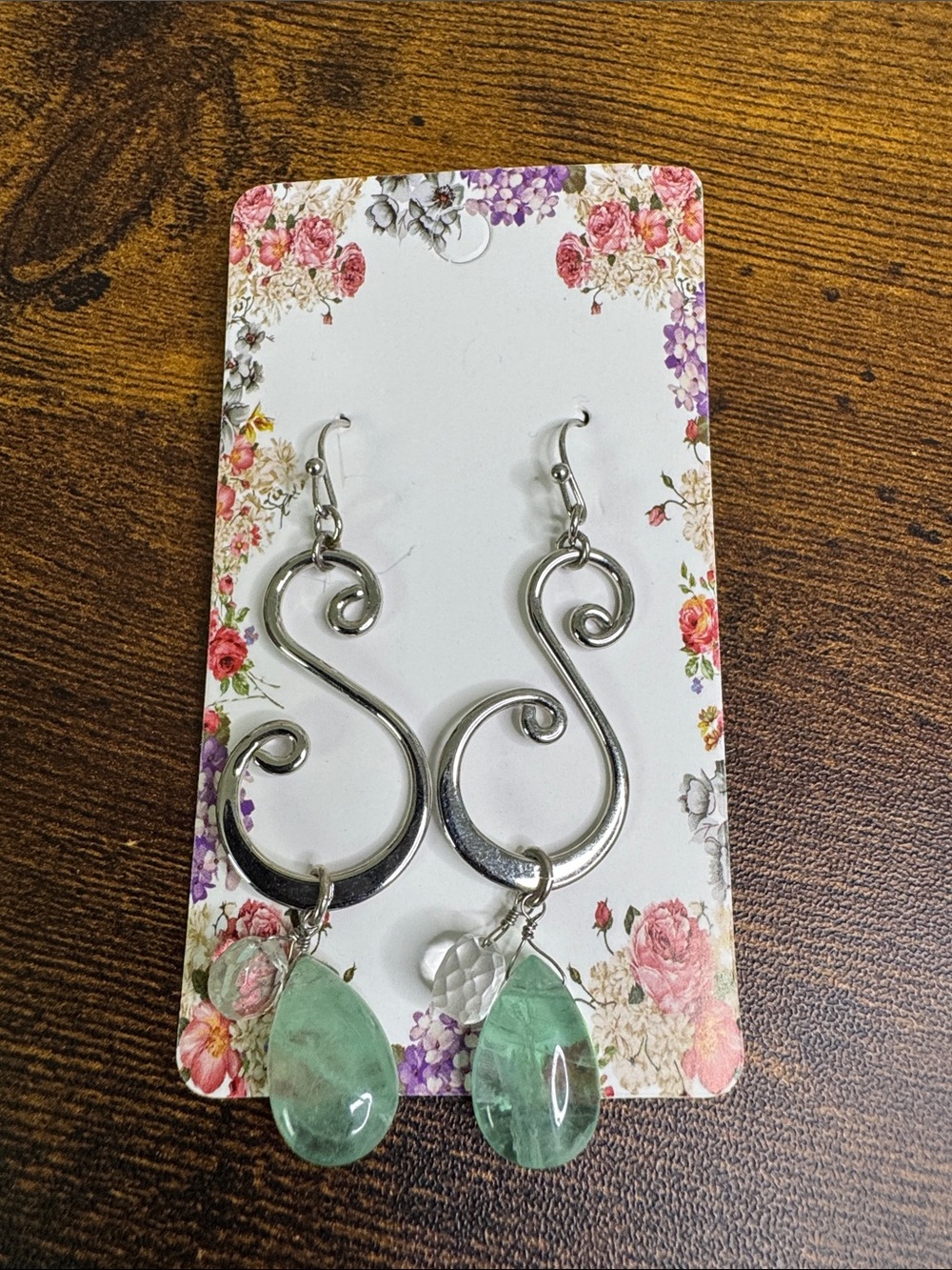 Hand Crafted Silver Swirl Earrings with Green Quartz Teardrop Stones